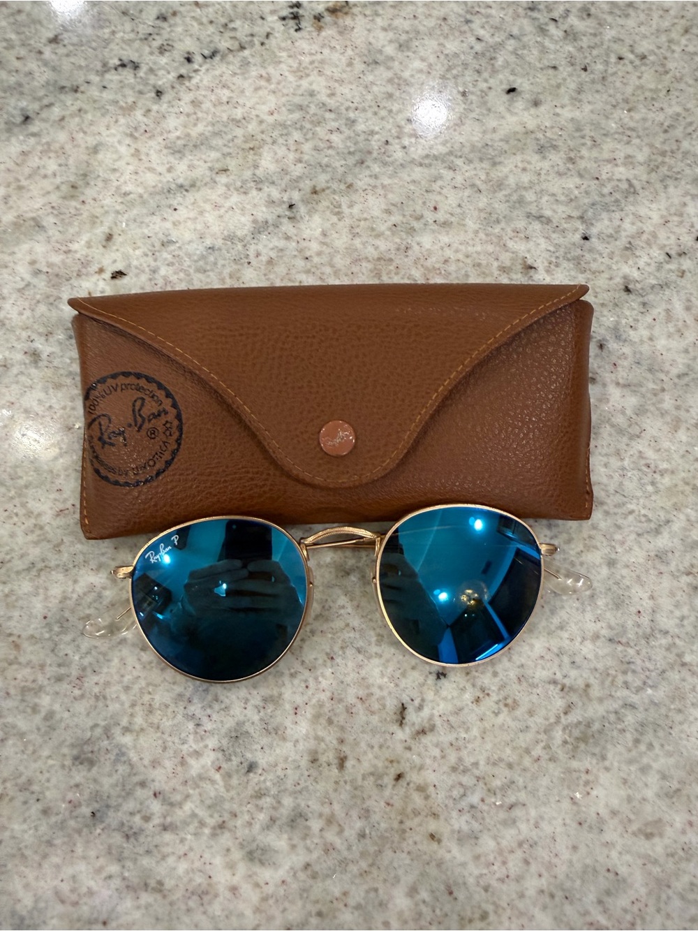 Polarized Ray-Ban Gold Frame Sunglasses with Blue Lenses